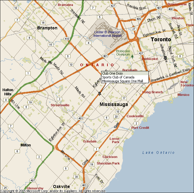 Map to Club One Dojo, Missisauga Ontario