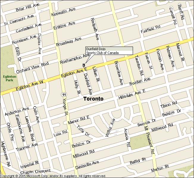 Map to Dunfield Sports Club Dojo, Toronto Ontario