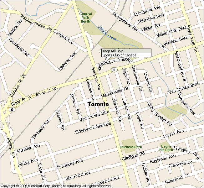 Map to Kingsmill Dojo, Toronto Ontario