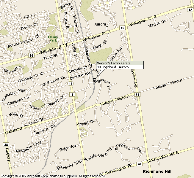Map to Watson Family Karate, Aurora Ontario